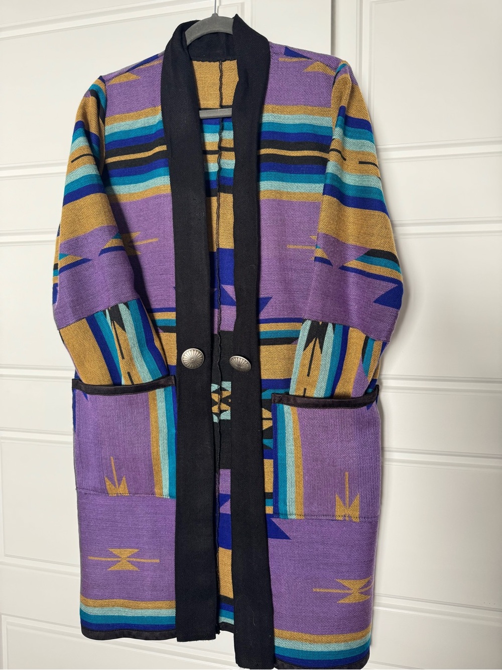 Southwestern Purple Striped Open Coatigan with Silver Concho Buttons